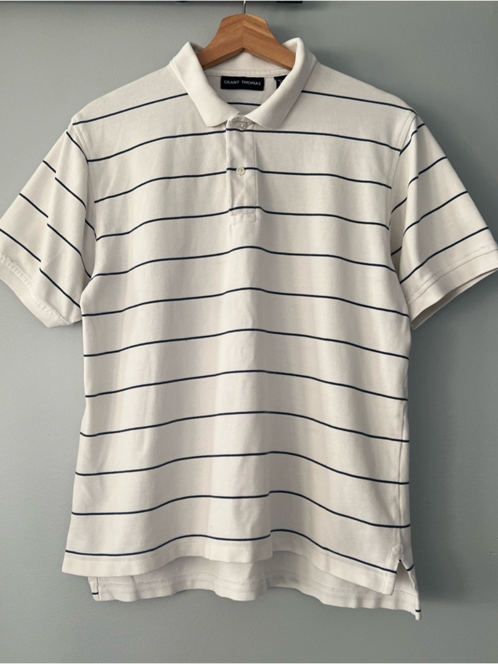 Vintage Grant Thomas Short Sleeve Cotton White Polo with Navy Horizontal Stripes